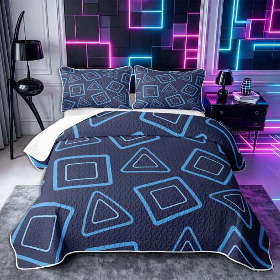 Castle Fairy Minimalism Outlined Shape Quilt King 3 Pieces,Abstract Triangle Border King Coverlet Set,Sky Blue Navy,1 Bedspread and 2 Pillowcases