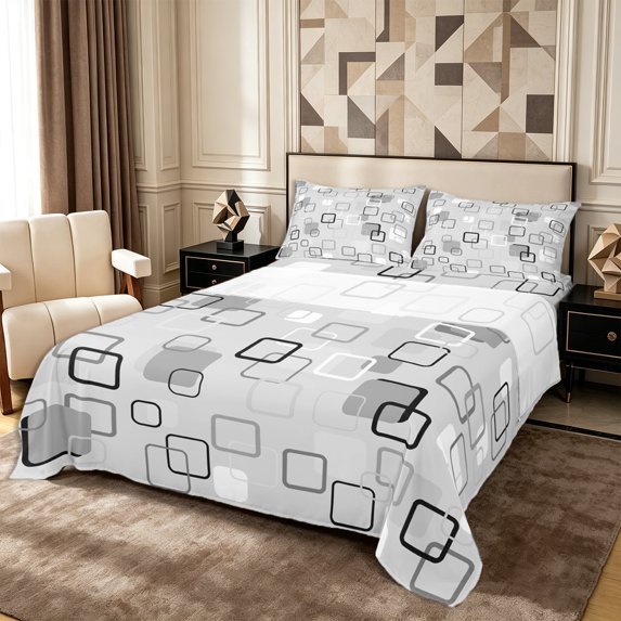 Castle Fairy Minimalism Outlined Square King Sheets 4pcs,Abstract Solid Square Bedding,Charcoal Gray White,1 Flat Sheet, 1 Fitted Sheet and 2 Pillowcases