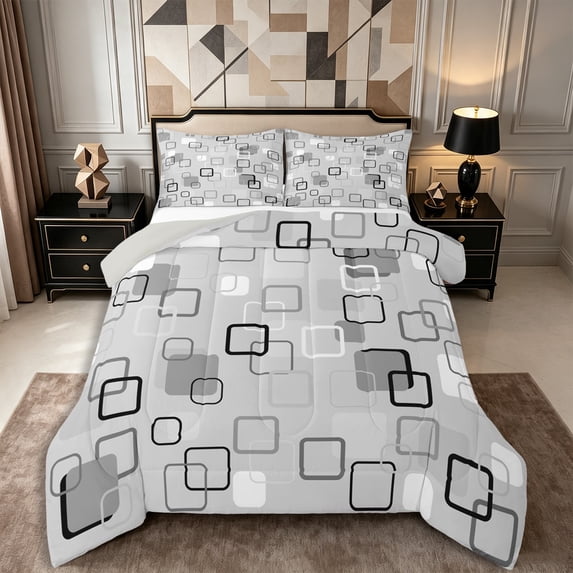 Castle Fairy Minimalism Outlined Square King Size Comforter Sets 3pcs,Abstract Solid Square Comforters King Size,Charcoal Gray White,Reversible,1 Comforter and 2 Pillowcases