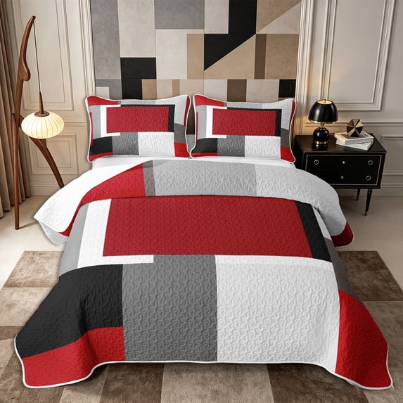 Castle Fairy Minimalism Rectangular Block Twin Quilt Set 2 Pieces,Mid Century Solid Panel Twin Coverlet Set,Red Gray Black,1 Bedspread and 1 Pillowcase