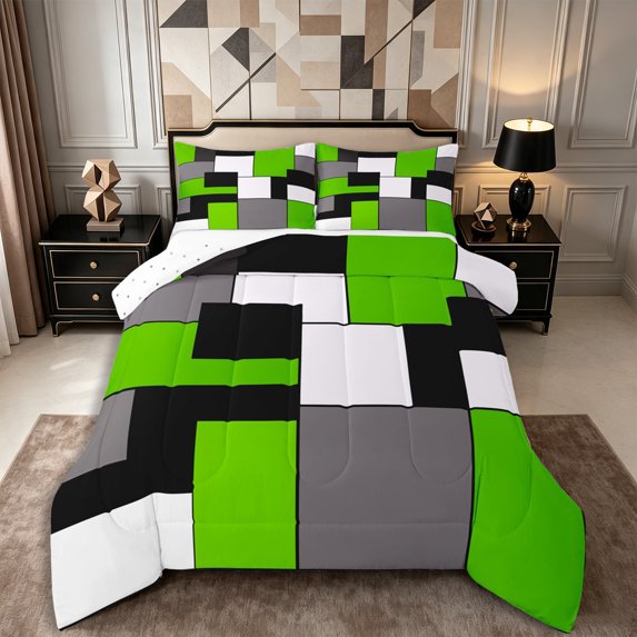 Castle Fairy Minimalism Rectangular Grid King Size Comforter Sets 3pcs,Mid Century Vintage Aesthetics Comforters King Size,Lime Gray Black,Reversible,1 Comforter and 2 Pillowcases