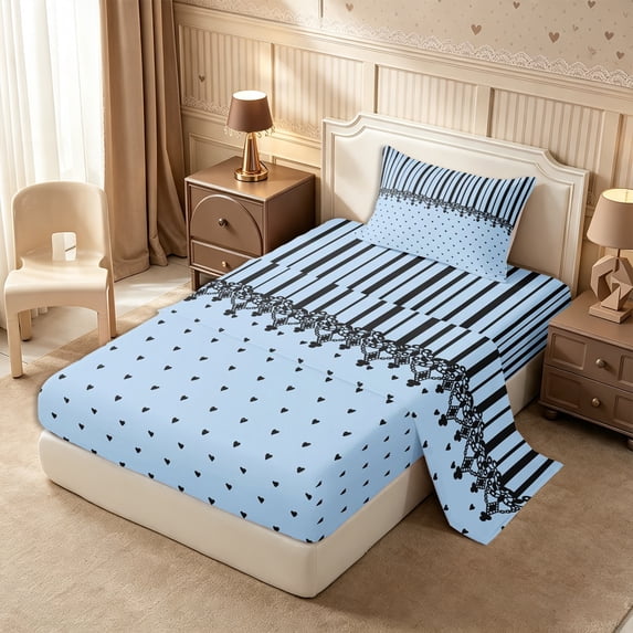 Castle Fairy Minimalism Stripe Layout Twin Sheets 3pcs,Retro Lace Accent Bedding,Sky Blue Black,1 Flat Sheet, 1 Fitted Sheet and 1 Pillowcase