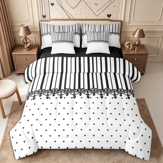 Castle Fairy Minimalism Vertical Band King Bedding 7pcs,Retro Lace Edge King Bed in a Bag,Black White,Reversible