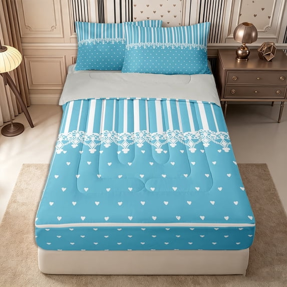 Castle Fairy Minimalism Vertical Band Zipper Twin Comforter Sets with Fitted Sheet and 2 Pillowcases,Retro Lace Edge Zipper Bedding Set,Sky Cyan White,Reversible