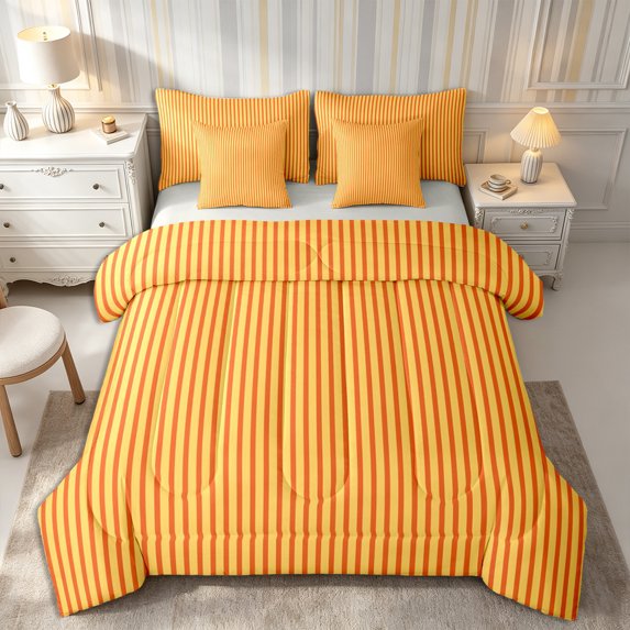 Castle Fairy Minimalism Vertical Strip 7-Piece Twin Bedding,Abstract Linear Pattern Bedding Comforter Set,Mustard Yellow Rust Red,Reversible