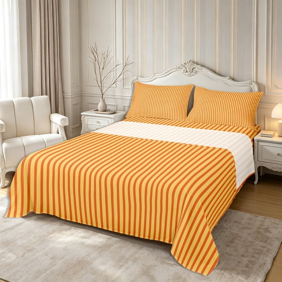 Castle Fairy Minimalism Vertical Strip Queen Sheets 4 Pieces,Abstract Linear Pattern Queen Sheet Sets,Mustard Yellow Rust Red,1 Flat Sheet, 1 Fitted Sheet and 2 Pillowcases