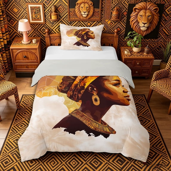 Castle Fairy Minimalist African Woman Profile Twin Duvet Cover,Elegant Africa Map Twin Bedding,Brown Beige,Grey Reversible,1 Duvet Cover and 1 Pillowcase