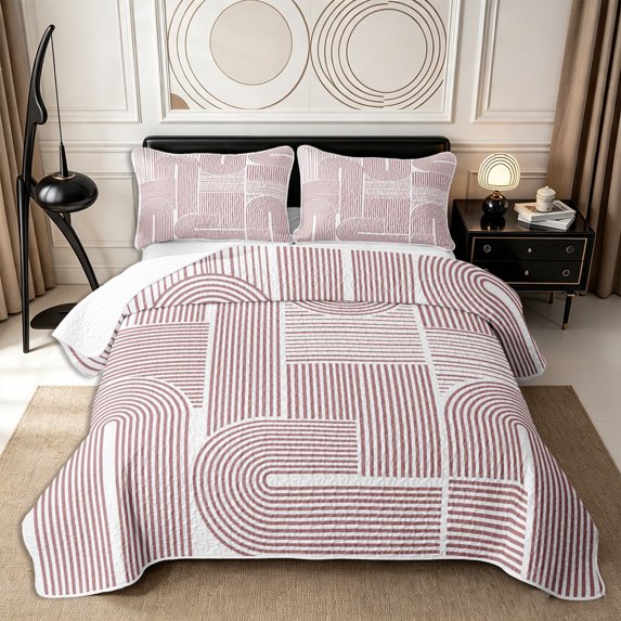 Castle Fairy Minimalist Arch Linework Bed Spread Queen 3pcs,Abstract Vertical Strip Texture Queen Coverlet Set,White Dusty Rose,1 Quilt and 2 Pillowcases