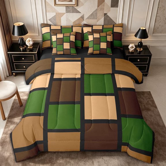 Castle Fairy Minimalist Block Grid Full Size Bedding Sets 7 Pieces,Mid Century Square Motif Full Size Bed in a Bag,Olive Taupe Black,Reversible