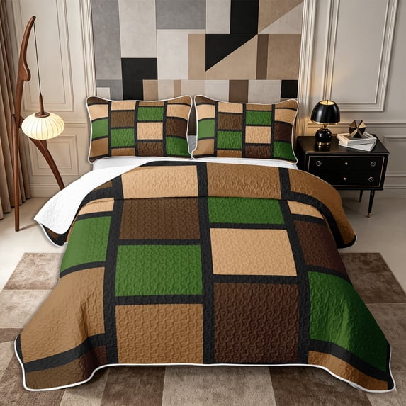 Castle Fairy Minimalist Block Grid Quilt Full 3-Piece,Mid Century Square Motif Full Bedspread Sets,Olive Taupe Black,1 Coverlet and 2 Pillowcases