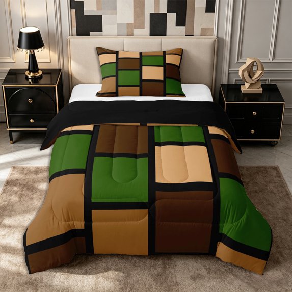Castle Fairy Minimalist Block Grid Twin Comforter Sets 2pcs,Mid Century Square Motif Bedding Set,Olive Taupe Black,Reversible,1 Comforter and 1 Pillowcase