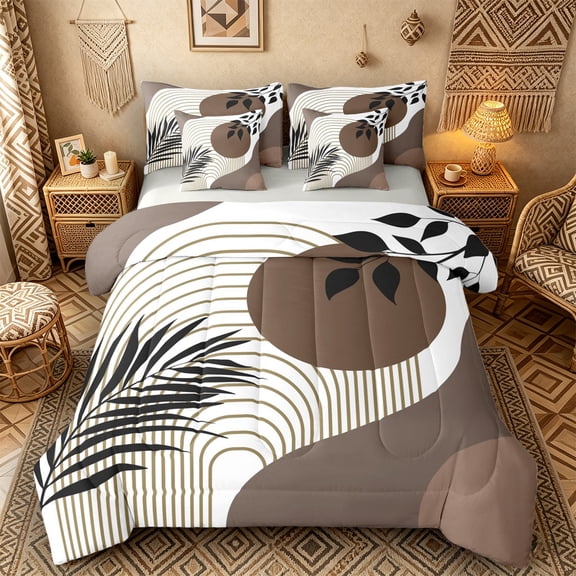 Castle Fairy Minimalist Brown Circle Bedding Comforter Set 7pcs for Women, Line Art Leaves Queen Bedding Sets for Bedroom, Beige and White,Grey Reversible