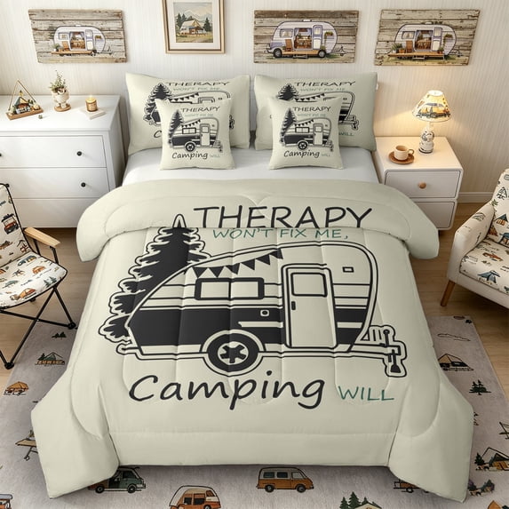 Castle Fairy Minimalist Camping Quote Bedding Comforter Set 7 Pieces for Adults, Camper Pine Tree Full Bedding Set for Bedroom, Light Khaki,Grey Reversible