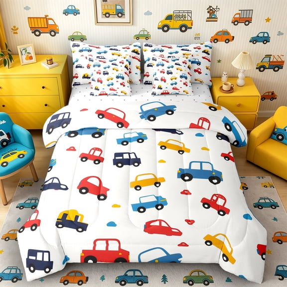 Castle Fairy Minimalist Cartoon Car Bedding Comforter Set 7pcs for Kids, Vehicle Automobile Queen Bedding Sets for Bedroom, Red Blue Yellow