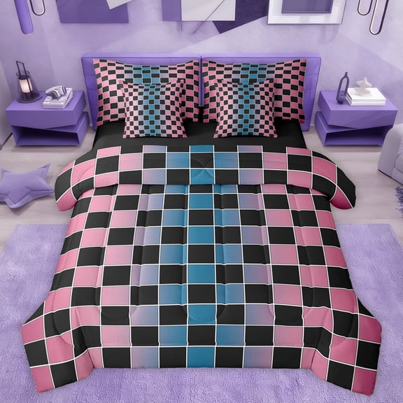 Castle Fairy Minimalist Checkered Bedding Comforter Set 7-Piece for Kids Children Teens,Abstract Gradient Geometric Plaid King Bedding Sets,Blue Pink Ultra Soft Bed Sheets,Luxury Bedroom Decor