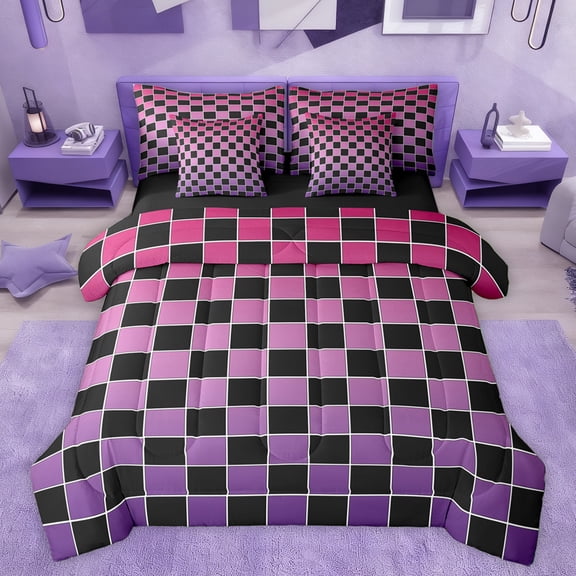 Castle Fairy Minimalist Checkered Bedding Comforter Set 7 Pieces for Kids Children Teens,Abstract Gradient Geometric Plaid Full Bedding Set Lightweight,Pink Purple Fitted Sheet Flat Sheet