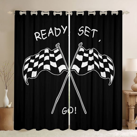 Castle Fairy Minimalist Checkered Flag Black Out Curtains for Teens, Race Quote Print Curtains Pack of 2 (42x63 Each) for Bedroom, Black White