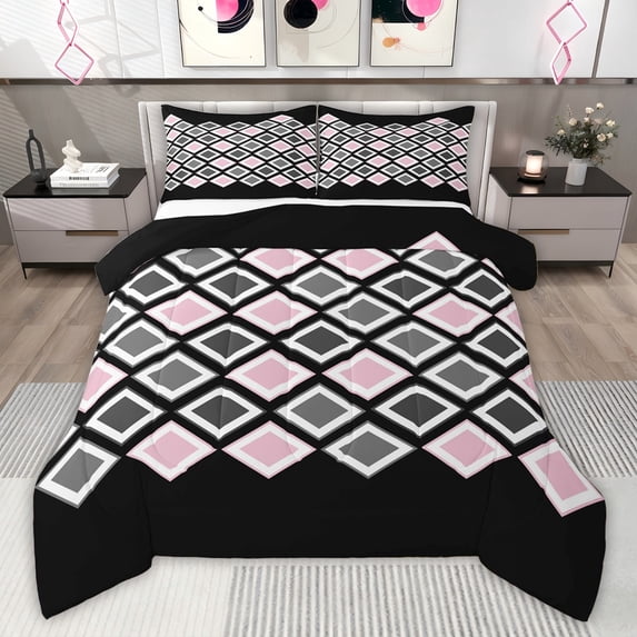 Castle Fairy Minimalist Checkered Queen Comforter Set,Geometric Bedding Comforter Set
