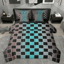 Castle Fairy Minimalist Checkered Twin Bedding Sets 7-Piece for Kids Children Teens,Abstract Gradient Geometric Plaid Bedding Comforter Set Microfiber,Grey Brown Teal Breathable Sheet Sets