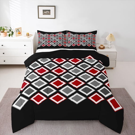 Castle Fairy Minimalist Checkered Twin Comforter Sets for Teens,Black Red Grey Bedding Set