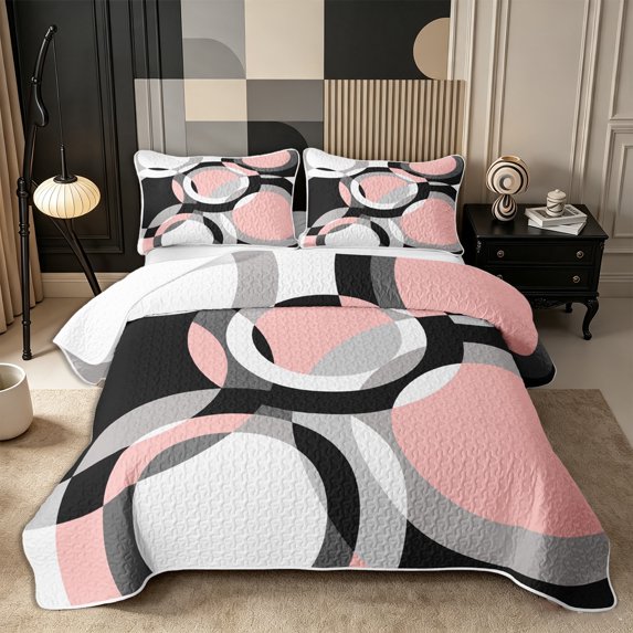Castle Fairy Minimalist Circle Twin Quilt Set 2 Pieces,Mid Century Ring Shape Twin Coverlet Set,Pink Gray Black White,1 Bedspread and 1 Pillowcase