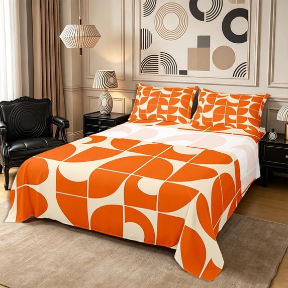Castle Fairy Minimalist Curved Bed Sheets 4-Piece,Geometric Quarter Arc Full Size Sheets,Orange Offwhite,1 Flat Sheet, 1 Fitted Sheet and 2 Pillowcases