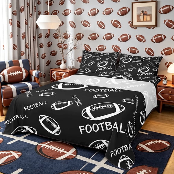 Castle Fairy Minimalist Football Print Bed Sheets 4-Piece, Sport Theme Full Size Sheets, Black White,1 Fitted Sheet, 1 Flat Sheet and 2 Pillowcases