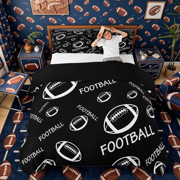 Castle Fairy Minimalist Football Print Duvet Cover Queen, Sport Theme Queen Bedding, Black White,Black Reversible,3-Piece,1 Duvet Cover and 2 Pillowcases