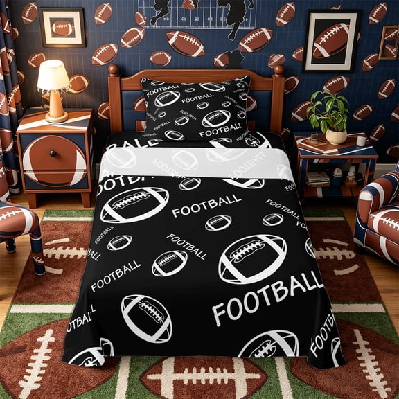 Castle Fairy Minimalist Football Print Twin Sheets 3pcs, Sport Theme Bedding, Black White,1 Fitted Sheet, 1 Flat Sheet and 1 Pillowcase