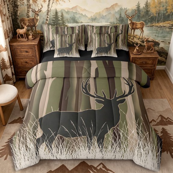 Castle Fairy Minimalist Forest Deer Silhouette 7-Piece Twin Bedding for Teens,Abstract Tree Branches Bedding Comforter Set,Green Brown Cream,Black Reversible