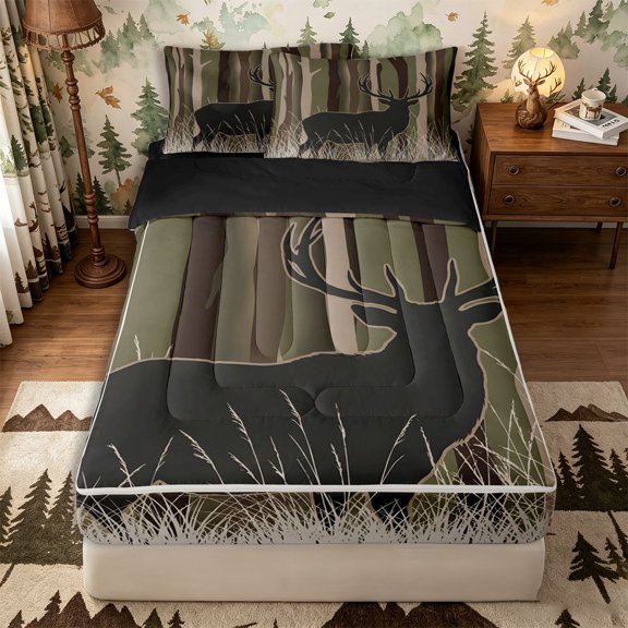 Castle Fairy Minimalist Forest Deer Silhouette Zipper Twin Comforter Sets with Fitted Sheet and 2 Pillowcases for Teens,Abstract Tree Branches Zipper Bedding Set,Black Reversible,4-Piece