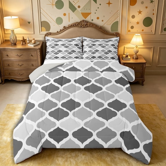 Castle Fairy Minimalist Geometric Quatrefoil King Size Comforter Sets 3pcs,Geometric Grid Motif Comforters King Size,Black Gray White,Reversible,1 Comforter and 2 Pillowcases