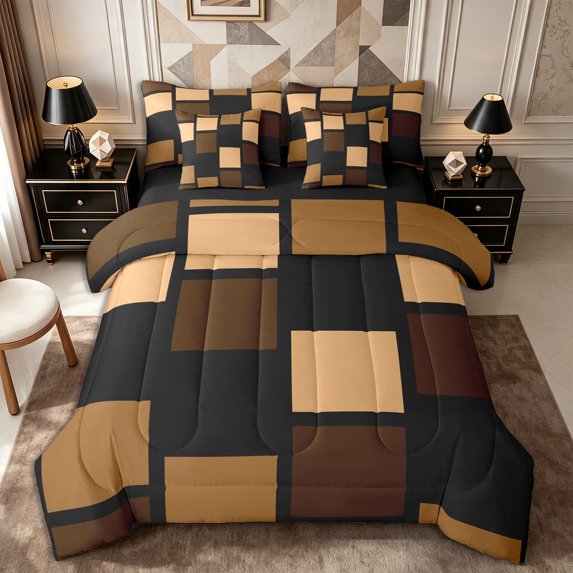 Castle Fairy Minimalist Geometric Square 7-Piece Twin Bedding,Mid Century Block Layout Bedding Comforter Set,Warm Brown Black,Reversible