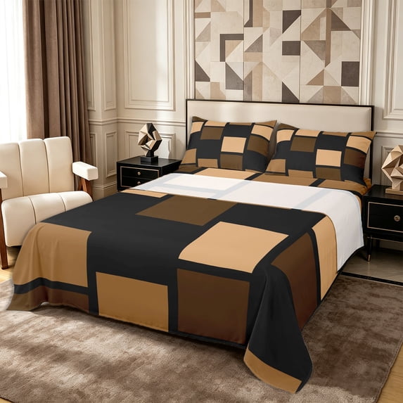 Castle Fairy Minimalist Geometric Square Bed Sheets 4-Piece,Mid Century Block Layout Full Size Sheets,Warm Brown Black,1 Flat Sheet, 1 Fitted Sheet and 2 Pillowcases