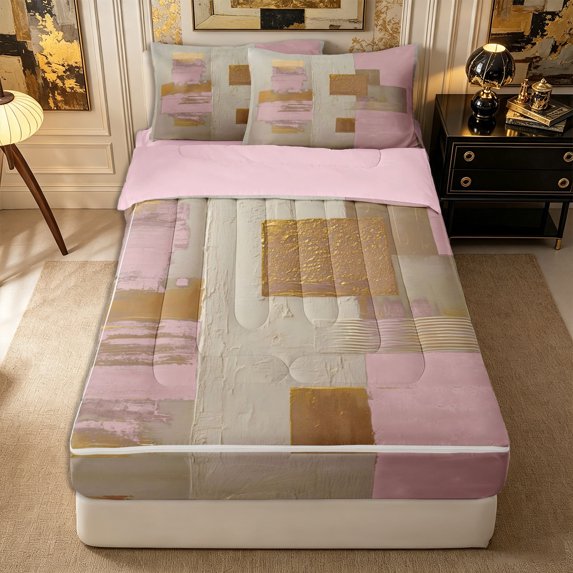 Castle Fairy Minimalist Geometric Square Zipper Full Size Comforter Sets with Fitted Sheet and 2 Pillowcases,Abstract Watercolor Graffiti Zipper Bedding Set,Pink Gold Off-White,Reversible