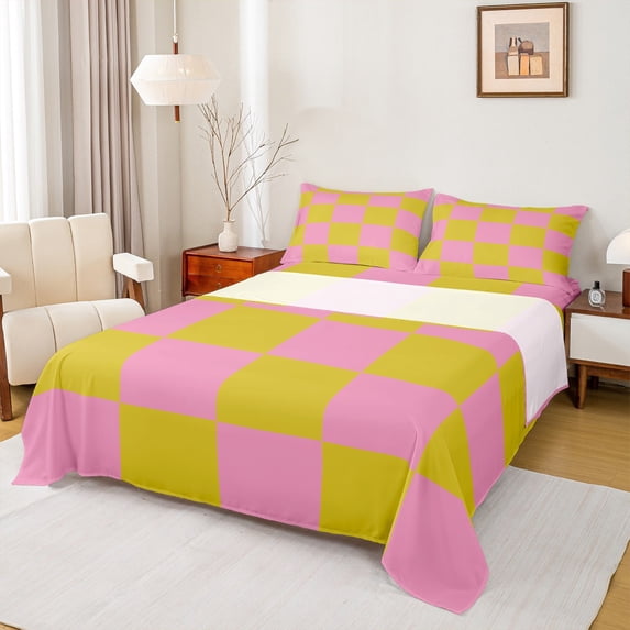 Castle Fairy Minimalist Grid Bed Sheets for Female Men,Geometric Plaid King Sheets