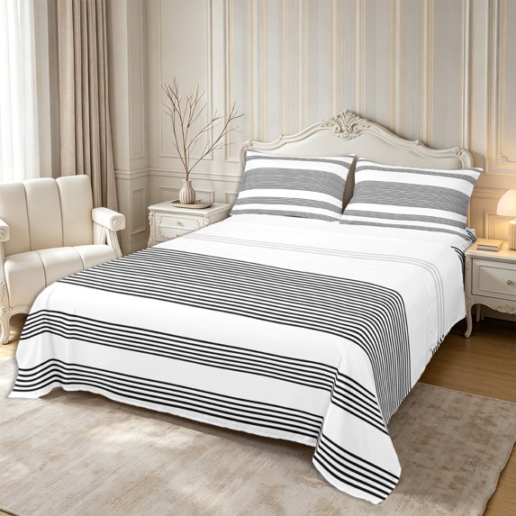 Castle Fairy Minimalist Horizontal Band Bed Sheets 4-Piece,Retro Solid Stripe Full Size Sheets,Black White,1 Flat Sheet, 1 Fitted Sheet and 2 Pillowcases