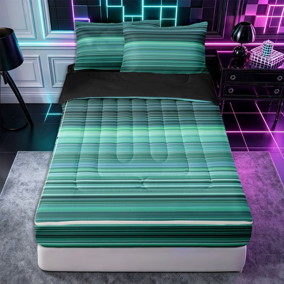 Castle Fairy Minimalist Horizontal Stripe Zipper Twin Comforter Sets with Fitted Sheet and 2 Pillowcases,Geometric Thin Line Zipper Bedding Set,Teal Mint Emerald,Reversible