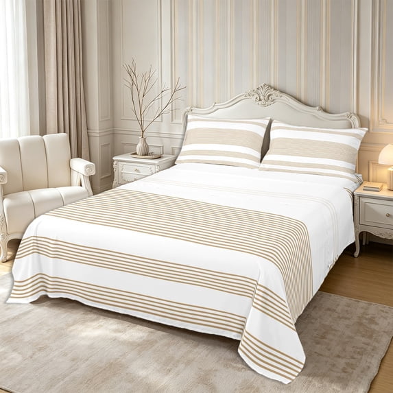 Castle Fairy Minimalist Linear Band King Sheets 4pcs,Retro Striped Layout Bedding,Tan Beige White,1 Flat Sheet, 1 Fitted Sheet and 2 Pillowcases