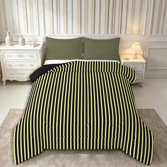 Castle Fairy Minimalist Linear Band King Size Comforter Sets 3pcs,Geometric Vertical Stripe Comforters King Size,Pale Yellow Black,Reversible,1 Comforter and 2 Pillowcases