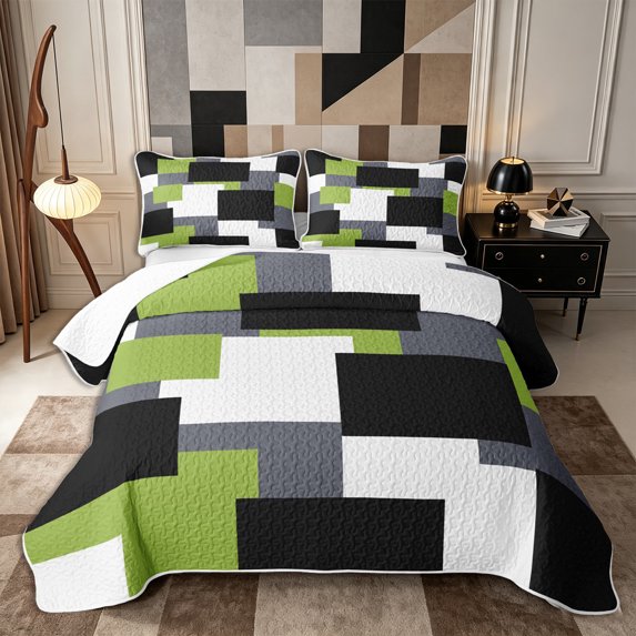 Castle Fairy Minimalist Offset Rectangle Block Twin Quilt Set 2 Pieces,Watercolor Mosaic Twin Coverlet Set,Olive Gray Black,1 Bedspread and 1 Pillowcase