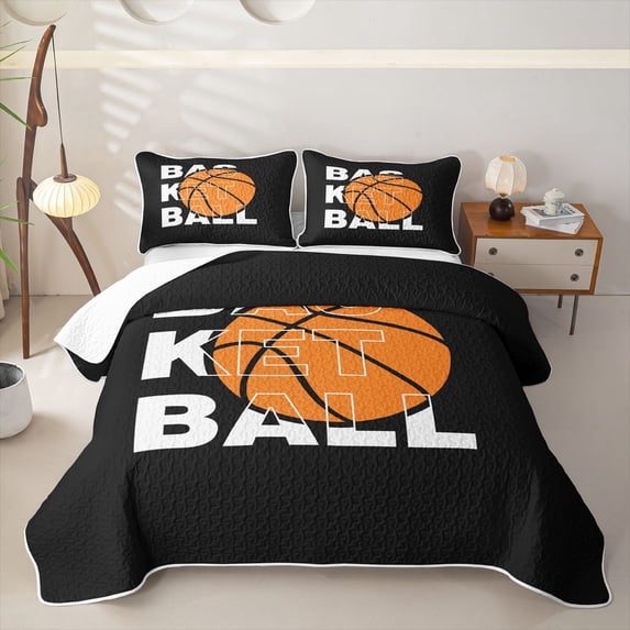 Castle Fairy Minimalist Orange Basketball Graphic Quilt Full,Sport Theme Full Bedspread Sets,Black Orange