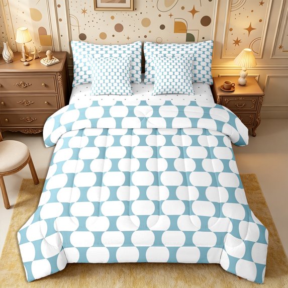 Castle Fairy Minimalist Oval Grid Queen Bedding 7pcs,Mid Century Rounded Bedding Comforter Set Queen,Skyblue White,Reversible