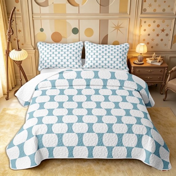 Castle Fairy Minimalist Oval Grid Quilt Full 3-Piece,Mid Century Rounded Full Bedspread Sets,Skyblue White,1 Coverlet and 2 Pillowcases