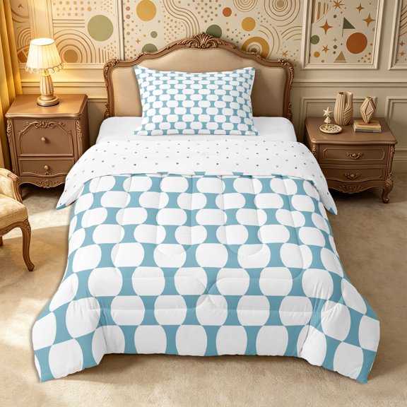 Castle Fairy Minimalist Oval Grid Twin Comforter Sets 2pcs,Mid Century Rounded Bedding Set,Skyblue White,Reversible,1 Comforter and 1 Pillowcase