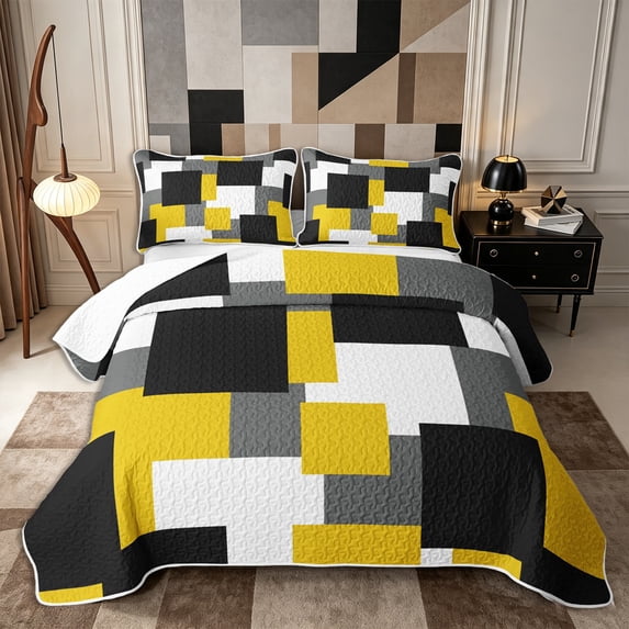Castle Fairy Minimalist Overlapping Square Block Twin Quilt Set 2 Pieces,Vintage Mosaic Twin Coverlet Set,Yellow Gray Black,1 Bedspread and 1 Pillowcase