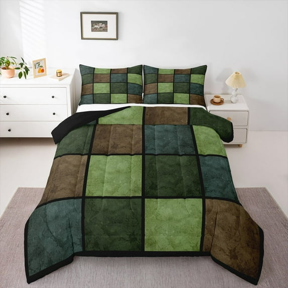 Castle Fairy Minimalist Plaid Full Size Comforter Sets 3-Piece for Female Men Women,Mid Century Vintage Grid Bedding Comforter Set,Vintage Aesthetic Geometric Checkered Lightweight Bedding Sets