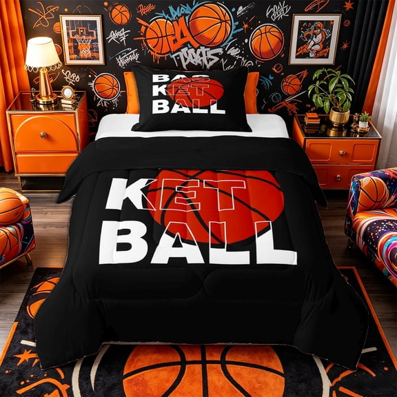 Castle Fairy Minimalist Red Basketball Graphic Twin Comforter Sets 2pcs, Sport Theme Bedding Set, Black Red,Black Reversible,1 Comforter and 1 Pillowcase