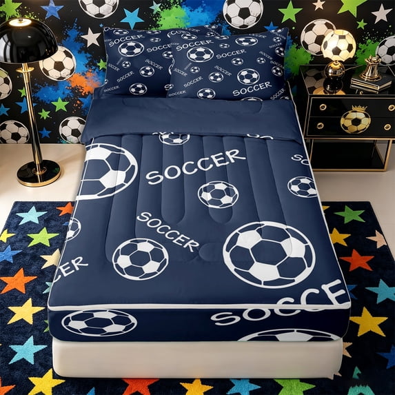 Castle Fairy Minimalist Soccer Print Zipper Twin Comforter Sets with Fitted Sheet and 2 Pillowcases, Sport Theme Zipper Bedding Set, Navy White,4-Piece,Navy Blue Reversible