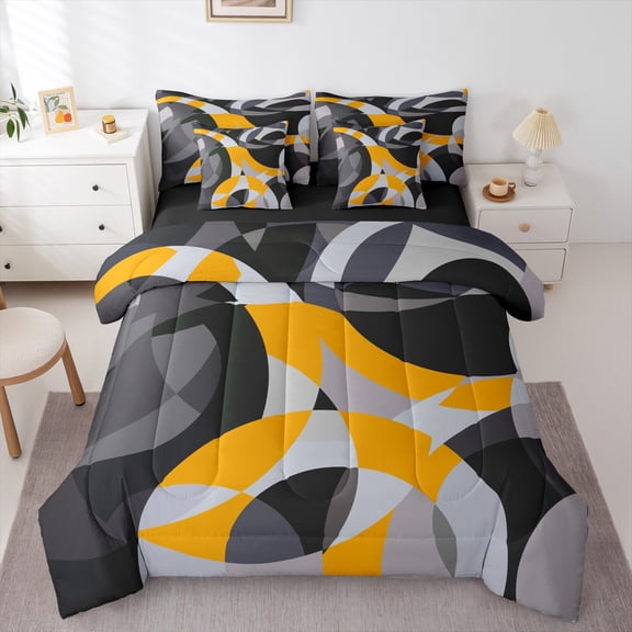 Castle Fairy Minimalist Stripes 7 Pieces Bedding Comforter Set for Teenagers Women Men,Abstract Geometric Full Bedding Set Lightweight,Black Yellow Fitted Sheet Flat Sheet,Luxury Bedroom Decor